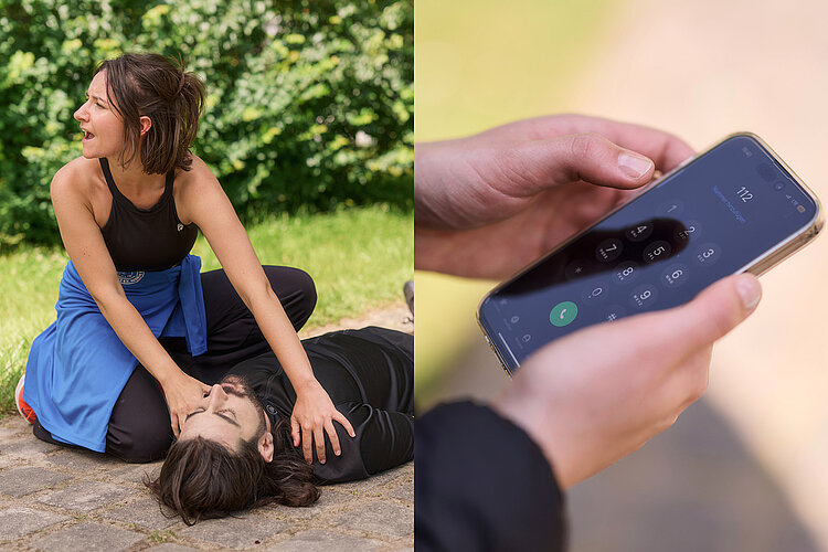 Collage: rufende Frau; Telefon
