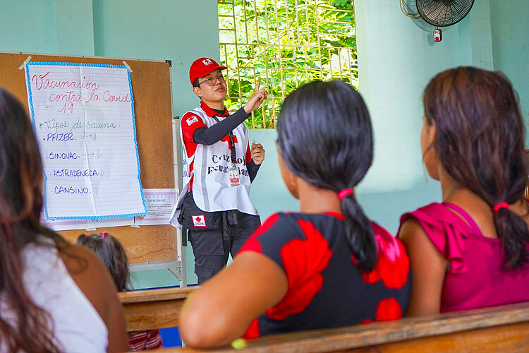 Infoveranstaltung in Ecuador Rotkreuzhelfer vor Clipchart