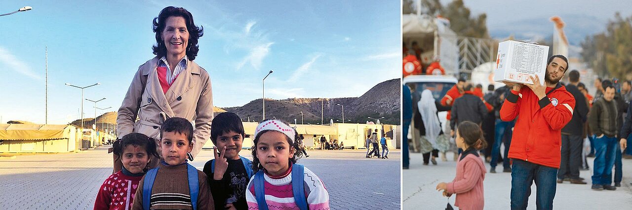 DRK-Botschafterin Antonia Rados Foto: Collage eines Bildes von Antonia Rados mit Kindern sowie einer Hilfsgüterverteilung in Syrien