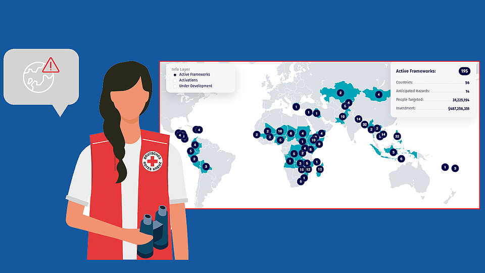 10 Jahre vorausschauende humanitäre Hilfe Collage DRK-Mitarbeiterin und Weltkarte
