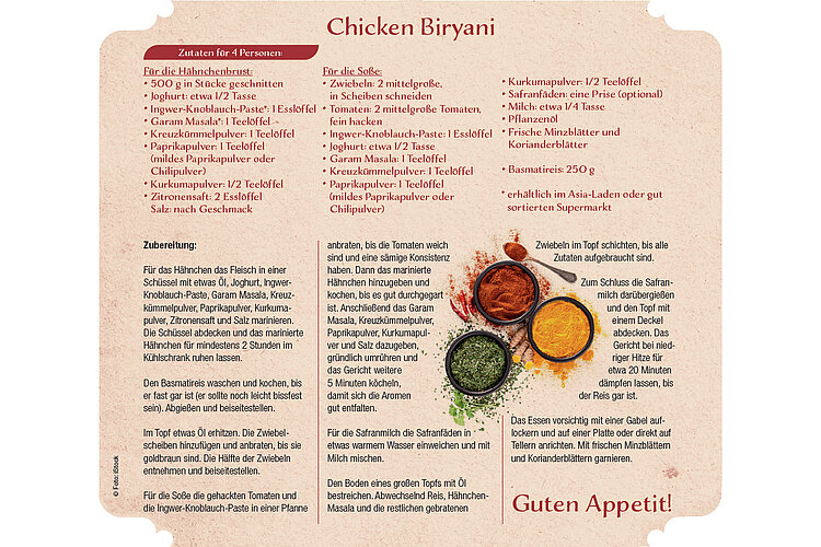 Chicken Biryani Text eines Rezeptes