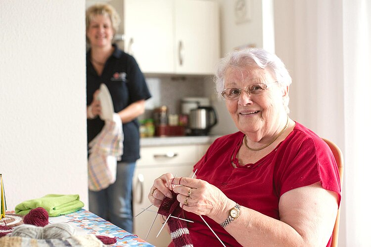 Pflegerin trocknet Geschirr bei Seniorin